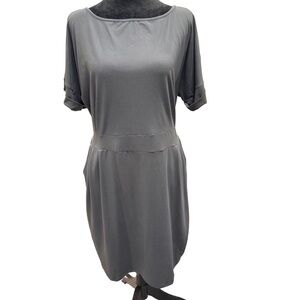 Zena Gray Cuffed Sleeve Crew Neck Midi Dress